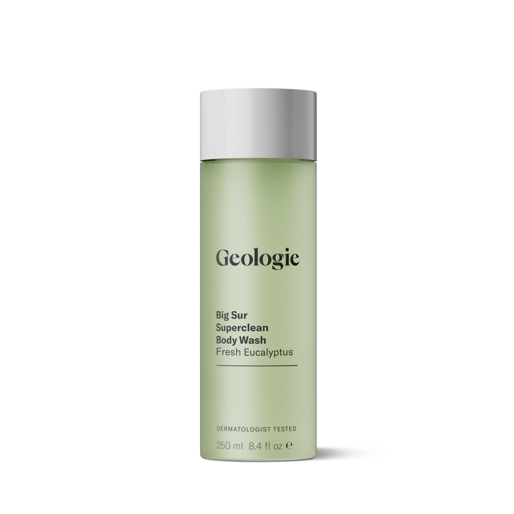 A bottle of Geologie Superclean Body Wash with fresh eucalyptus scent and skin rejuvenation properties against a black background.